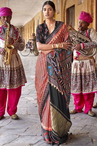 Beige ajrak printed leheriya saree