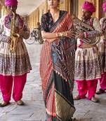Beige ajrak printed leheriya saree