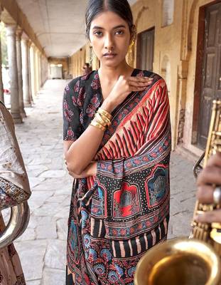 Beige ajrak printed leheriya saree 2