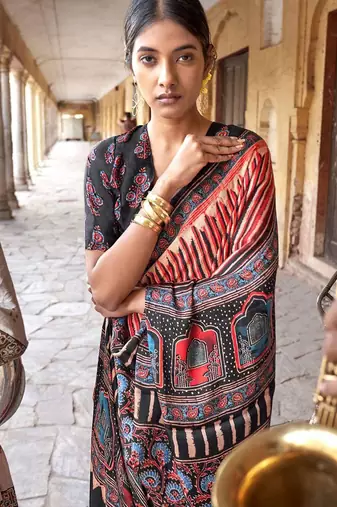 Beige ajrak printed leheriya saree
