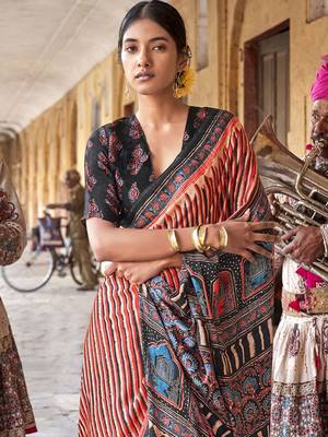 Beige ajrak printed leheriya saree 3