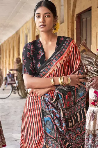 Beige ajrak printed leheriya saree