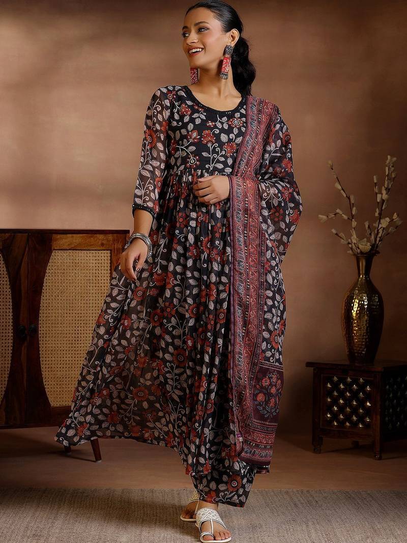 women floral printed empire kurta with palazzos & with dupatta