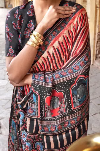 Beige ajrak printed leheriya saree