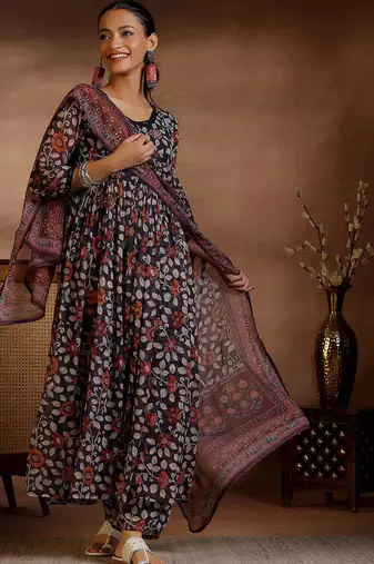 women floral printed empire kurta with palazzos & with dupatta