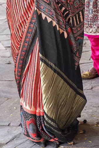 Beige ajrak printed leheriya saree