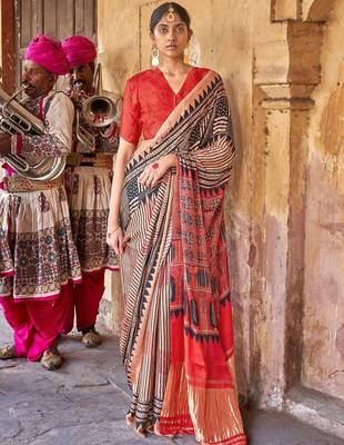 Beige ajrak block leheriya saree 1