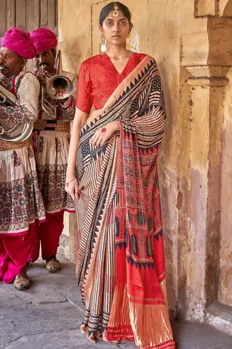 Beige ajrak block leheriya saree