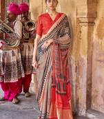 Beige ajrak block leheriya saree