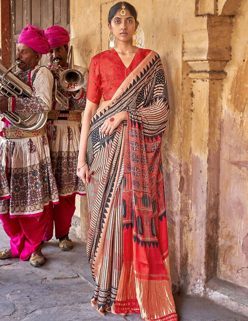 Beige ajrak block leheriya saree