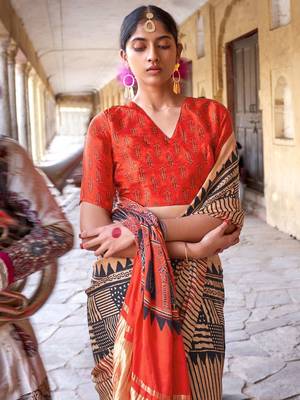 Beige ajrak block leheriya saree 2