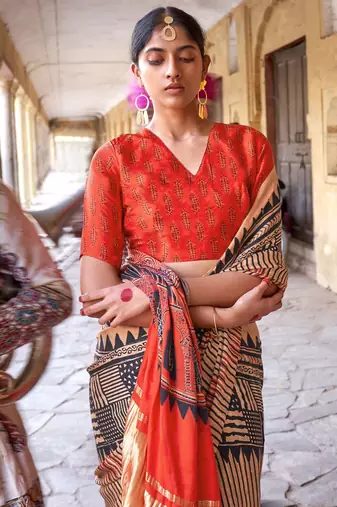 Beige ajrak block leheriya saree