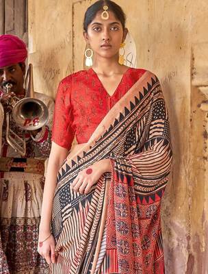 Beige ajrak block leheriya saree 3