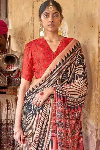 Beige ajrak block leheriya saree