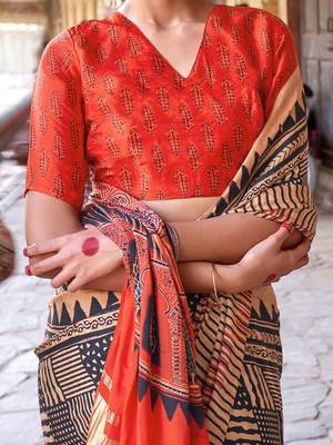 Beige ajrak block leheriya saree 4