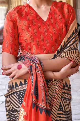 Beige ajrak block leheriya saree