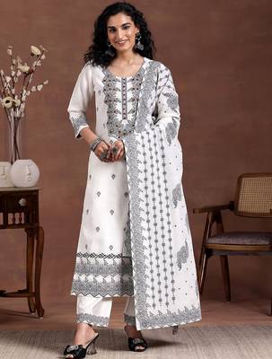 women ethnic motifs embroidered regular thread work linen kurta with trousers & with dupatta 1