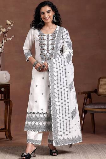 women ethnic motifs embroidered regular thread work linen kurta with trousers & with dupatta