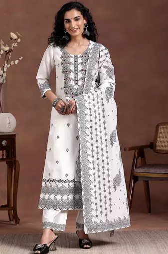 women ethnic motifs embroidered regular thread work linen kurta with trousers & with dupatta