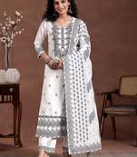 women ethnic motifs embroidered regular thread work linen kurta with trousers & with dupatta