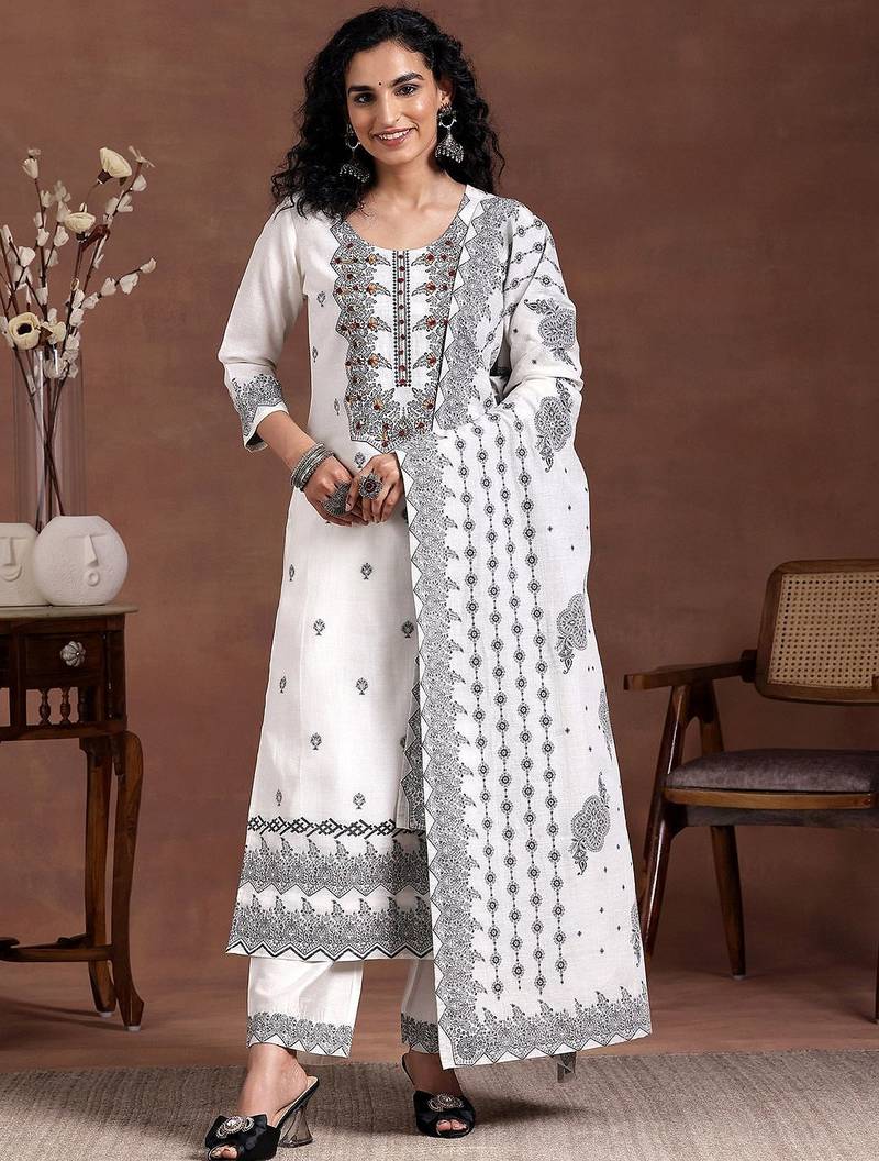 women ethnic motifs embroidered regular thread work linen kurta with trousers & with dupatta