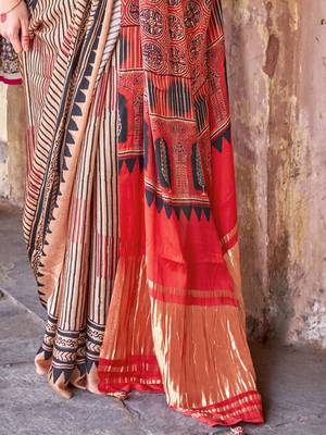 Beige ajrak block leheriya saree 5