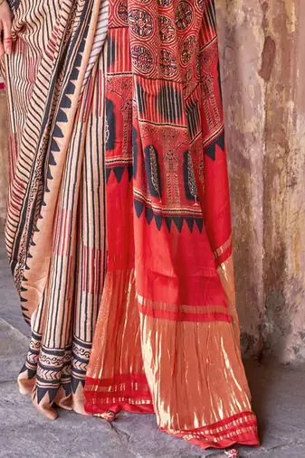 Beige ajrak block leheriya saree