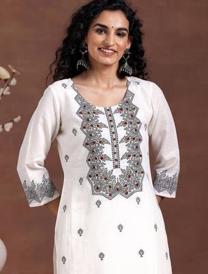 women ethnic motifs embroidered regular thread work linen kurta with trousers & with dupatta 2