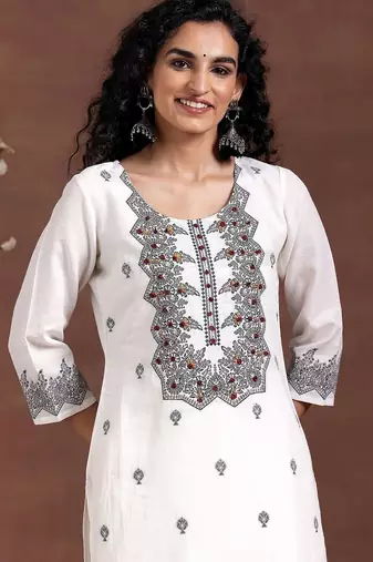 women ethnic motifs embroidered regular thread work linen kurta with trousers & with dupatta