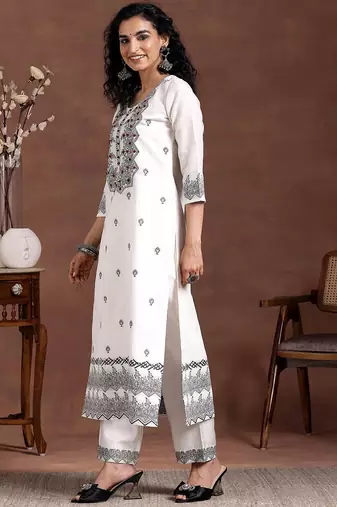women ethnic motifs embroidered regular thread work linen kurta with trousers & with dupatta