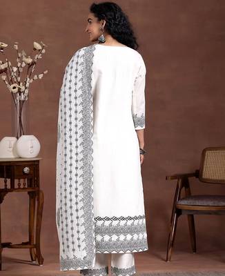 women ethnic motifs embroidered regular thread work linen kurta with trousers & with dupatta 4