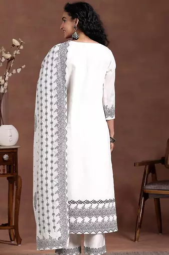 women ethnic motifs embroidered regular thread work linen kurta with trousers & with dupatta