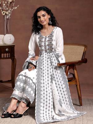 women ethnic motifs embroidered regular thread work linen kurta with trousers & with dupatta 5