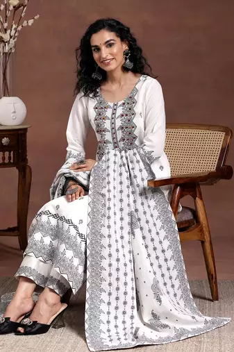 women ethnic motifs embroidered regular thread work linen kurta with trousers & with dupatta
