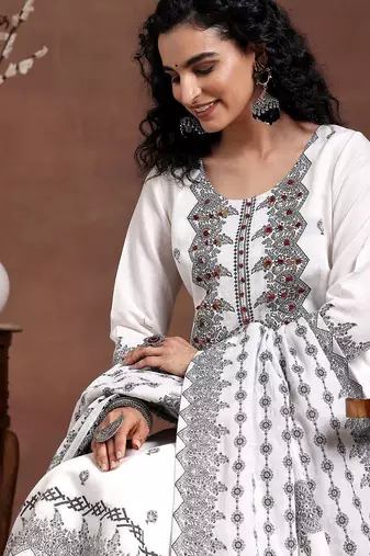 women ethnic motifs embroidered regular thread work linen kurta with trousers & with dupatta