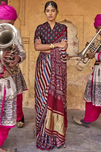 Beige ajrak block leheriya saree