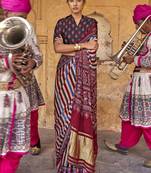 Beige ajrak block leheriya saree