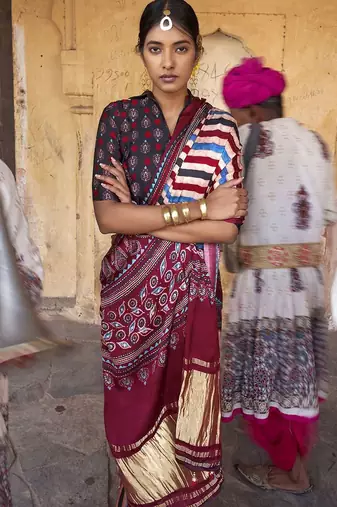 Beige ajrak block leheriya saree