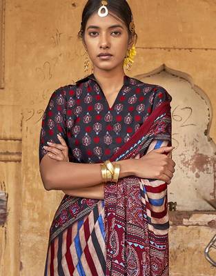 Beige ajrak block leheriya saree 3
