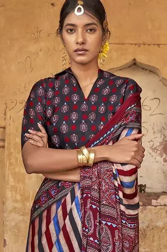 Beige ajrak block leheriya saree