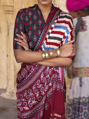 Beige ajrak block leheriya saree 4