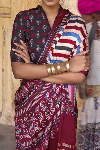 Beige ajrak block leheriya saree