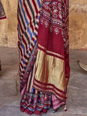 Beige ajrak block leheriya saree 5