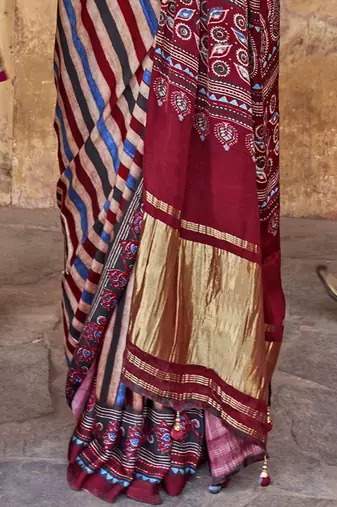 Beige ajrak block leheriya saree