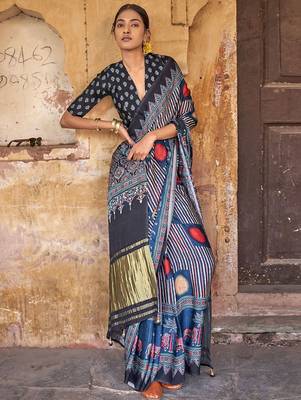 Navy blue ajrak block leheriya saree 1