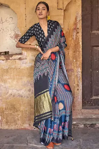 Navy blue ajrak block leheriya saree