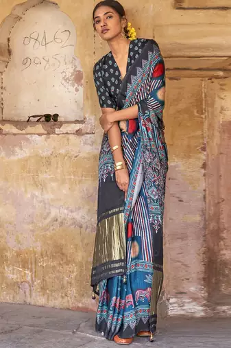 Navy blue ajrak block leheriya saree