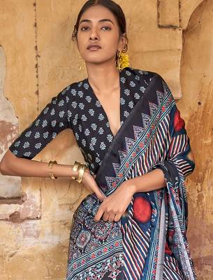 Navy blue ajrak block leheriya saree 3