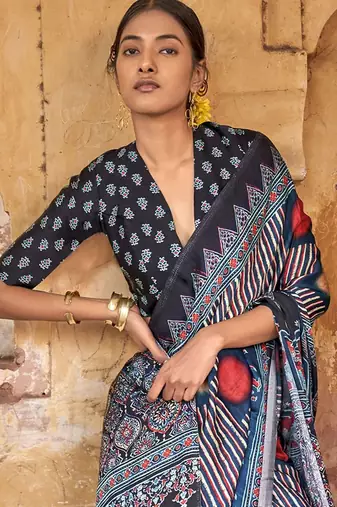 Navy blue ajrak block leheriya saree