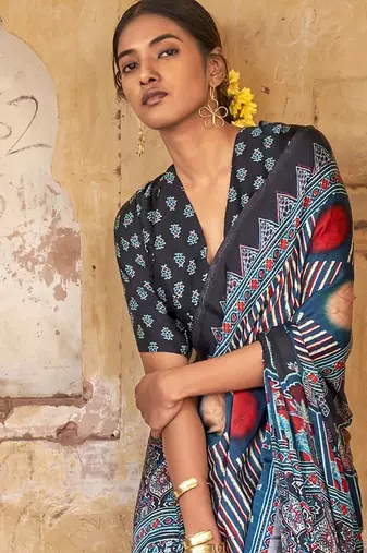 Navy blue ajrak block leheriya saree